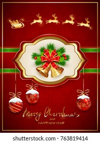 Christmas card with golden bells and holly berries. Santa in sleigh and balls on red background with snowflakes. Holiday decoration and lettering Merry Christmas and Happy New Year, illustration.