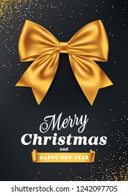 Christmas card with golden bow and  Greeting quote on confetti background. Merry Christmas and Happy New Year vector text for Invitations, postcards and banners.