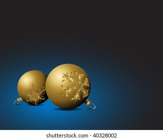 Christmas card - Golden bulbs with snowflakes ornaments on blue background