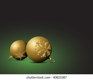 Christmas card - Golden bulbs with snowflakes ornaments on green background