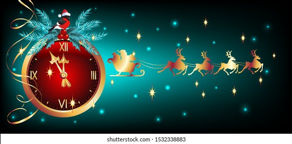 Christmas card with golden chimes and bullfinches in Santa hat and flying reindeer team with Santa Claus in sledge in starry sky. New Year postcard.