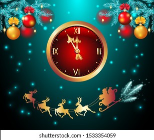 Christmas card with golden chimes and decorative balls on fir branch  and flying reindeer team with Santa Claus in sledge in starry sky
