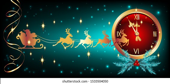 Christmas card with golden chimes with serpentine and flying reindeer team with Santa Claus in sledge in starry sky. New Year or Christmas vector illustration.