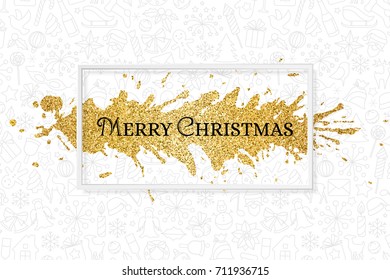 Christmas card with golden decorative element, white frame and holiday greetings on the and line art icons texture. Horizontal background