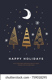 Christmas card with Golden drawing. Decorative Christmas trees in background dark sky, snowflakes and crescent. Happy winter holidays. Vector illustration.