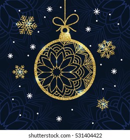 Christmas card with golden glitter bauble and snowflakes. Holiday vector background. 