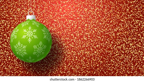 Christmas Card With Golden Glitter. Gold glitter texture vector gradient background. Hanging christmas ball. Great for greeting cards, party posters, banners. Vector illustration.