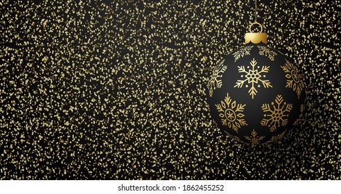 Christmas Card With Golden Glitter. Gold glitter texture vector gradient background. Hanging christmas ball. Great for greeting cards, party posters, banners. Vector illustration.