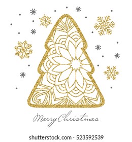 Christmas card with golden glitter Christmas tree and snowflakes. Holiday vector background. 