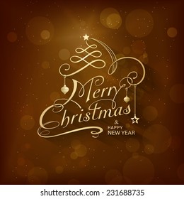 Christmas card with golden lettering Merry Christmas and Happy New Year on dark brown background with Christmas ornaments and blurry light dots. Calligraphy handwriting design background.