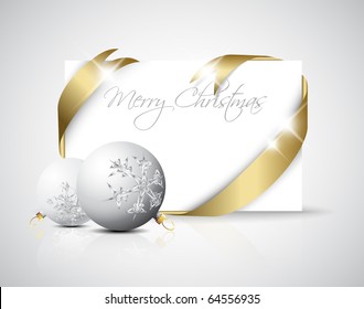 Christmas card - golden ribbon around blank paper with christmas decorations