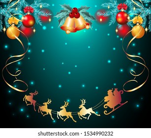 Christmas card with golden ringing bells and spruce with balls and flying reindeer team with Santa Claus in sledge in starry sky