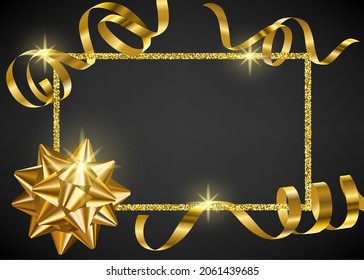 Christmas card with golden serpentine streamers amd bow