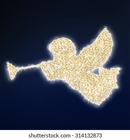 Christmas card with golden silhouette of flying angel with trumpet, glitter stardust  design, vector illustration background 