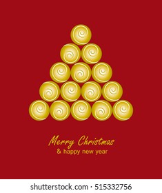 Christmas card with golden tree and balls on red background