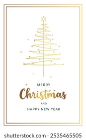 Christmas card with golden christmas tree and lettering. Minimalistic xmas greeting card. 