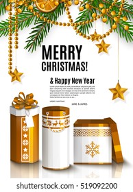 Christmas card with golden wrapped gift boxes. Garland made from fir branches, cinnamon and orange. Vector.