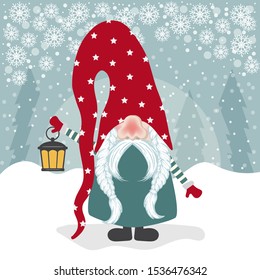 Christmas card with  gome and his lantern. Flat design. Vector