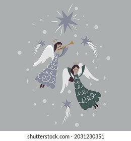 A Christmas card in the Gothic style. Cute angels fly under the star and sing. Yuletide. Merry Christmas and a Happy New Year. Church songs.