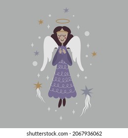 Christmas card in Gothic style. The sweet angel crossed his fingers. The sign of Christ. A blessing. Yuletide. Merry Christmas and Happy New Year. Church songs. A symbol of good luck.
