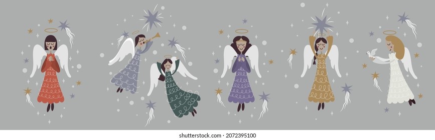 Christmas card in Gothic style. The sweet angel crossed his fingers. The sign of Christ. A blessing. Yuletide. Merry Christmas and Happy New Year. Church songs. A symbol of good luck. A set of angels.