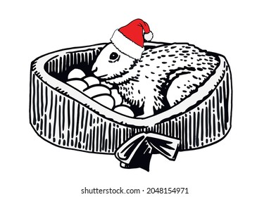 Christmas card. Graphical bunny in Santa Claus hat sitting in box