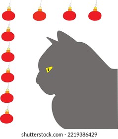 christmas card with gray cat and christmas balls