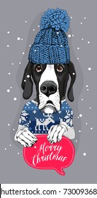 Christmas card. Great Dane Dog in a Nordic knitted cardigan and in a winter blue cap with a pom pom. Vector illustration.