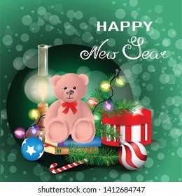 Christmas card with a green background and blurred circles, decorated with an inscription, a fir-tree branch, Christmas-tree balls, a garland, sweets and a teddy bear.