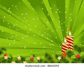 Christmas card green background with decoration. Vector illustration.