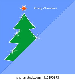 Christmas card with a green Christmas tree glistening with white outlines and a red star in a blue envelope with shadow