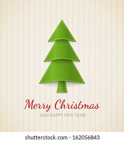Christmas card. Green tree on beige striped  background