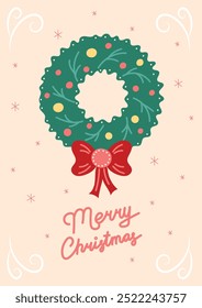 Christmas Card with Green Wreath. Greeting card on light beige background. Christmas and New Year. Vector illustration.