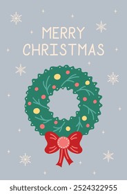 Christmas Card with Green Wreath. Greeting card on grey background. Christmas and New Year. Vector illustration.