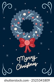 Christmas Card with Green Wreath. Greeting card on dark background. Christmas and New Year. Vector illustration.