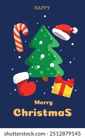 Christmas card, greeting, with candy, Christmas tree, shoe, winter holiday, vector illustration, decoration