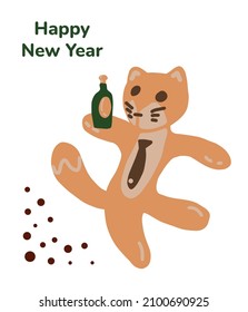 Christmas card. Greeting card, cat, bottle of champagne, congratulations, circles. Vector hand draw cartoon illustration. 