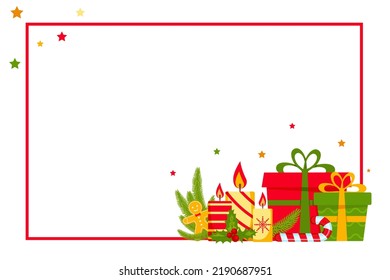 Christmas card, greeting frame. Gift boxes with bow, snowflakes. Festive decoration. Copy space. Vector stylish illustration