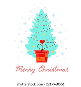 Christmas card for greeting or holiday and party invitations. Vector illustration. Christmas tree and gift box decorated with heart and snowflakes on white background