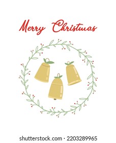 Christmas card. Greeting card invitation for Christmas and New Year. Golden bells and a wreath, decoration for the holiday.

