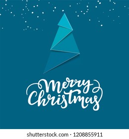 Christmas card with greeting lettering. Winter seasonal background with new year tree and snow.