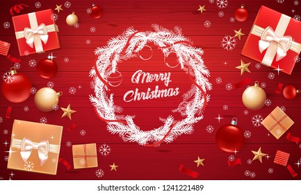 Christmas Card with greeting – Merry Christmas. Illustration with wreath, balls, stars, gift boxes and wooden plate for text. Template for Flyer, poster, invitation, banner. Wooden background