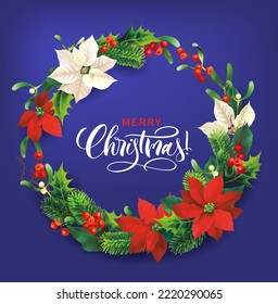 Christmas card with greeting. Traditional round wreath with red and white poinsettia, fir and holly branches on blue background. Vector illustration. 