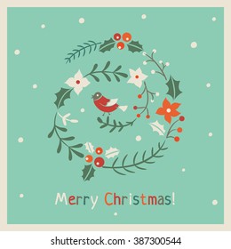 Christmas card with greeting wreath and bird in vintage style. Vector