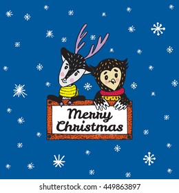 Christmas card with hand drawn animals. Vector hand drawn illustration of Reindeer and Owl characters on blue background.