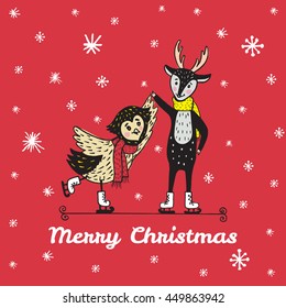 Christmas card with hand drawn animals skate. Vector hand drawn illustration of reindeer and owl characters on red background.