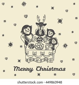 Christmas card with hand drawn animals. Vector hand drawn illustration of Reindeer and Owls characters on beige background.