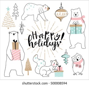 Christmas card with hand drawn cartoon animals and ornaments