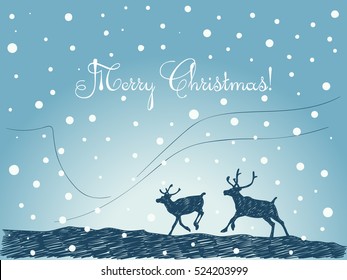Christmas card hand drawn couple of running reindeer silhouette on blue winter background