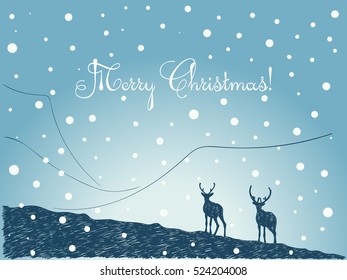 Christmas card hand drawn couple of reindeer silhouette on blue winter background
